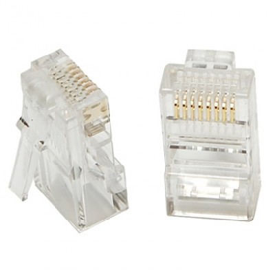 Paquete de 100 conectores RJ45 baño en oro.