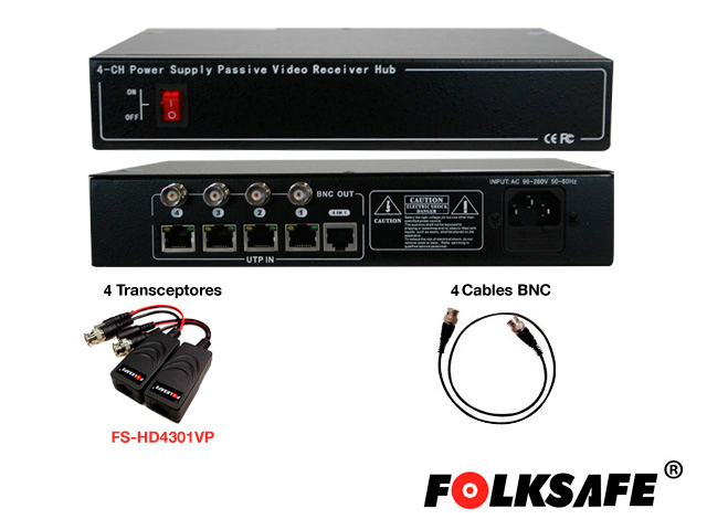 TRANSCEPTOR Y FUENTE HD 4 CANALES FOLKSAFE FS-HD4604VPS-12V