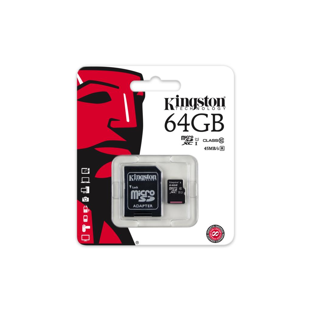 KINGSTON 64G MICRO SDHC XC CLAS E 10 G2 UHS-I 45MB/S CON ADAPTADOR