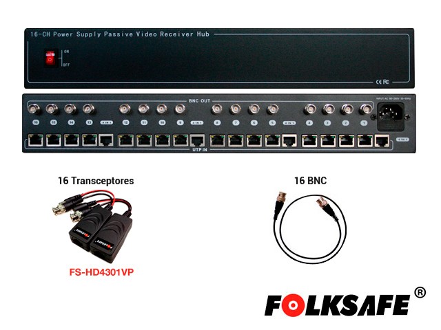 TRANSCEPTOR Y FUENTE HD 16 CANALES FOLKSAFE FS-HD4616VPS-12V