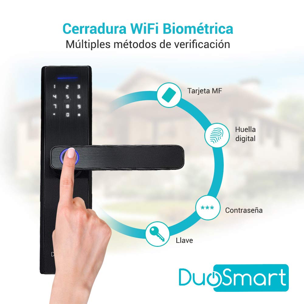 CERRADURA BIOMETRICA WIFI 2.4 GHZ DUOSMART F20 ACEPTA TARJETAS MF HUELLA DIGITAL CONTRASEÑA Y LLAVE